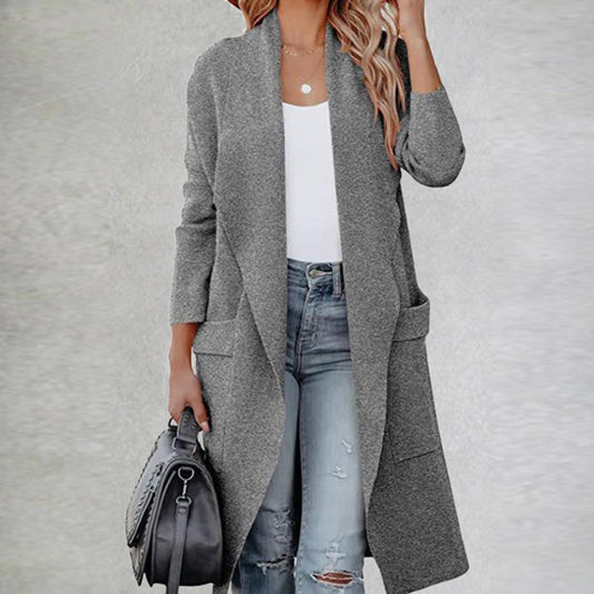 Solid Color Loose Midi Cardigan Turn-down Collar Long Sleeve Coat