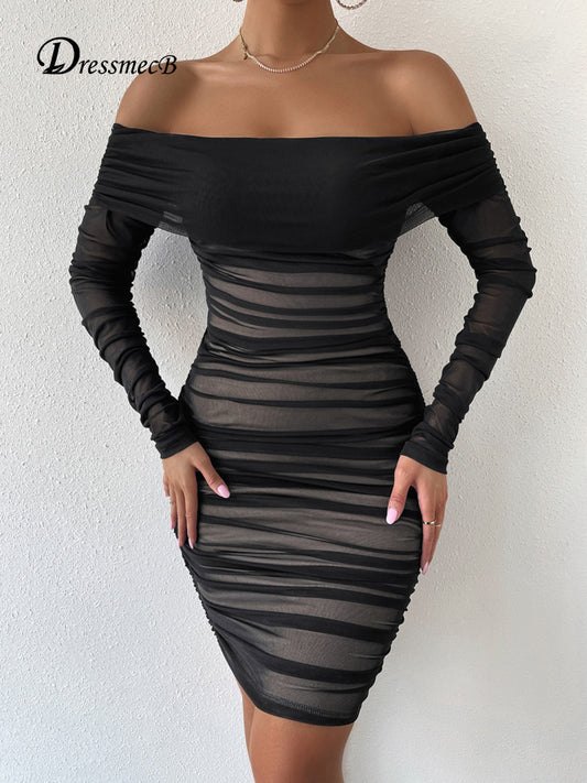 Dressmecb Off Shoulder Mesh Party Dress Women Clothing Sexy Club