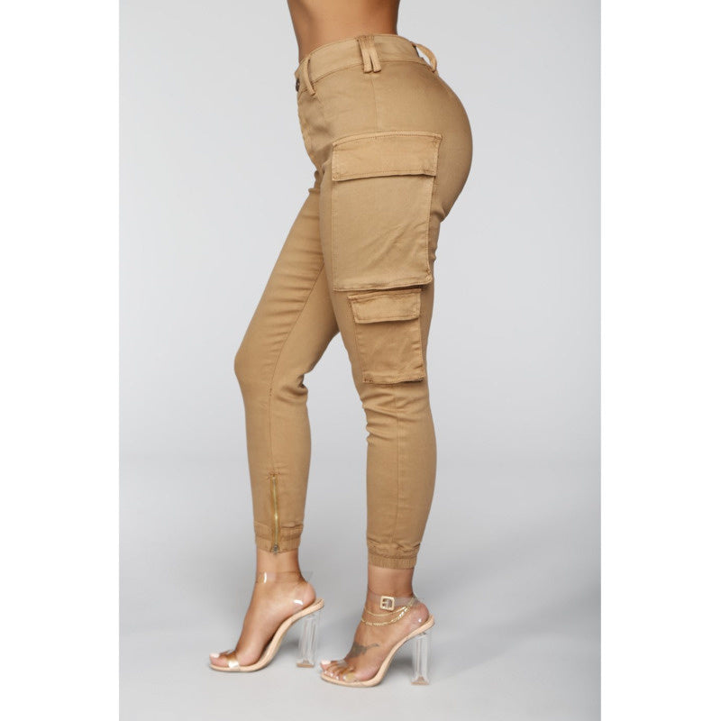 Dressmecb Solid Pockets Cargo Pants For Women High Waist Streetwear