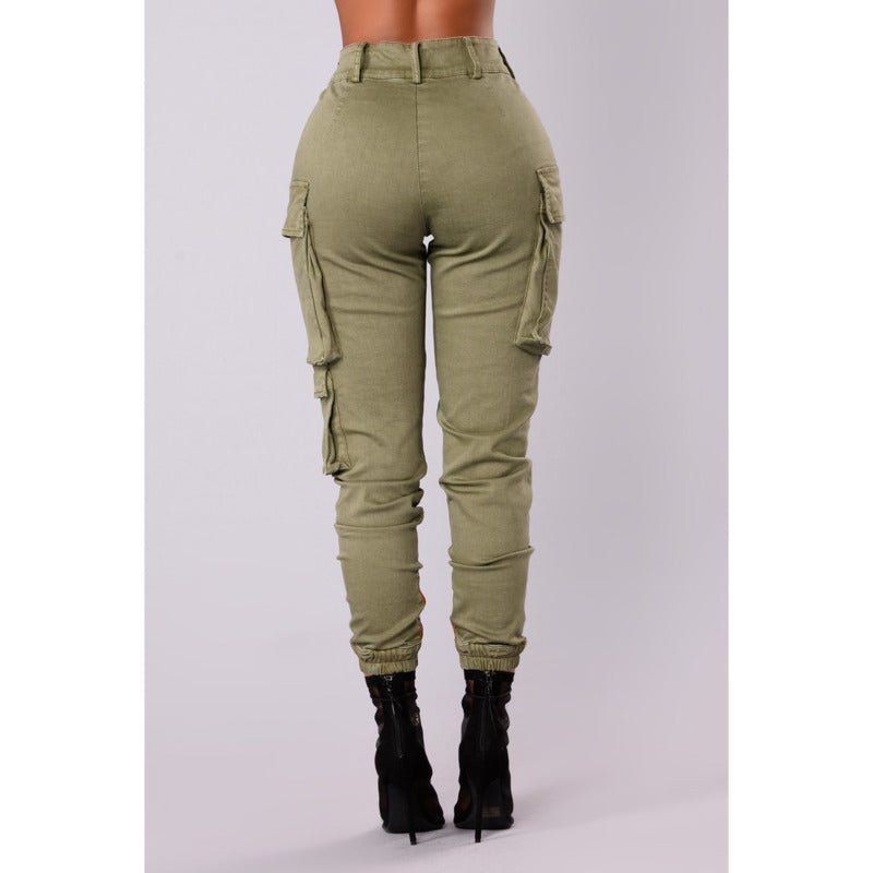 Dressmecb Solid Pockets Cargo Pants For Women High Waist Streetwear