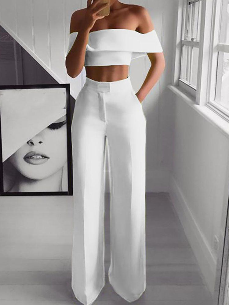 Off Shoulder Crop Tops And Pocket High Waist Trousers