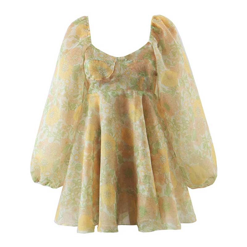 yellow Floral Print Organza Ball Gown Dress