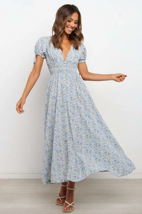 Women's Bohemian Floral Printed  V Neck Short Sleeve Maxi Dress