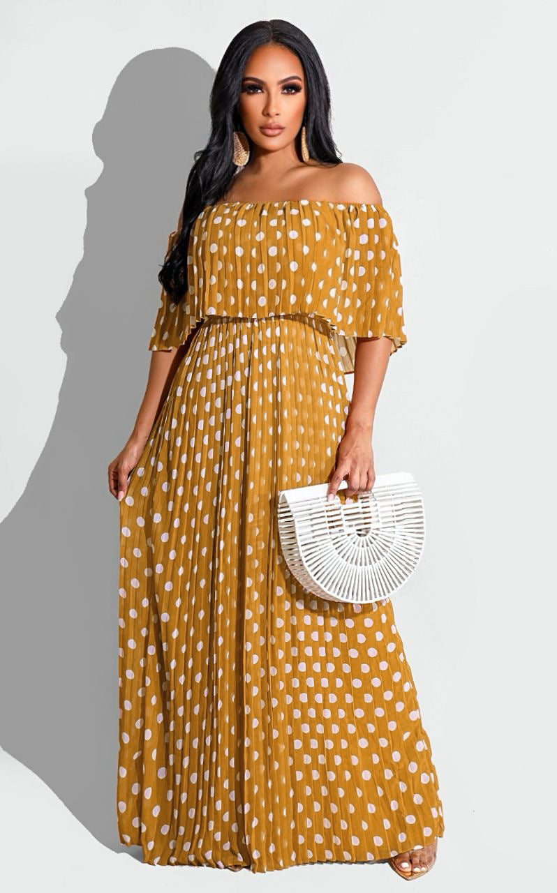 Off Shoulder Polka Dot Printed Maxi Dress