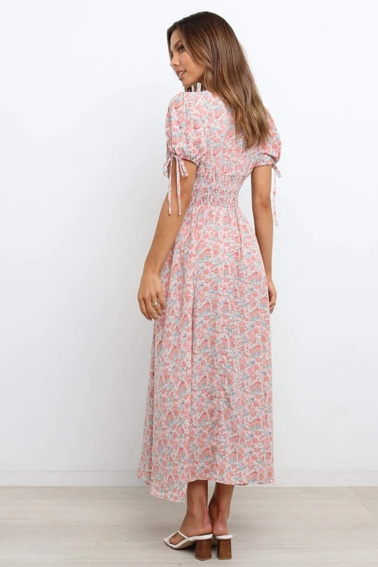 Women's Bohemian Floral Printed  V Neck Short Sleeve Maxi Dress