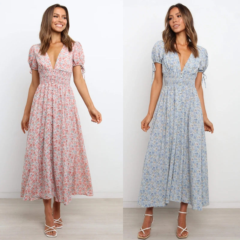 Women's Bohemian Floral Printed  V Neck Short Sleeve Maxi Dress