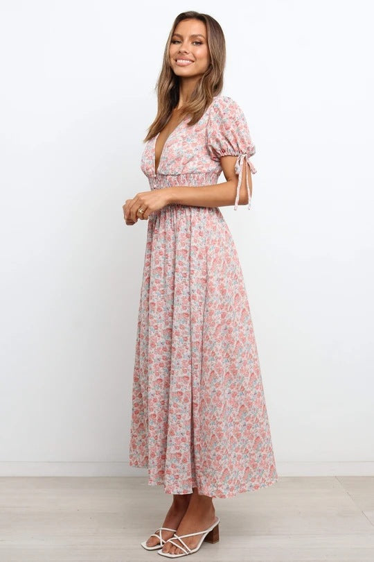 Women's Bohemian Floral Printed  V Neck Short Sleeve Maxi Dress