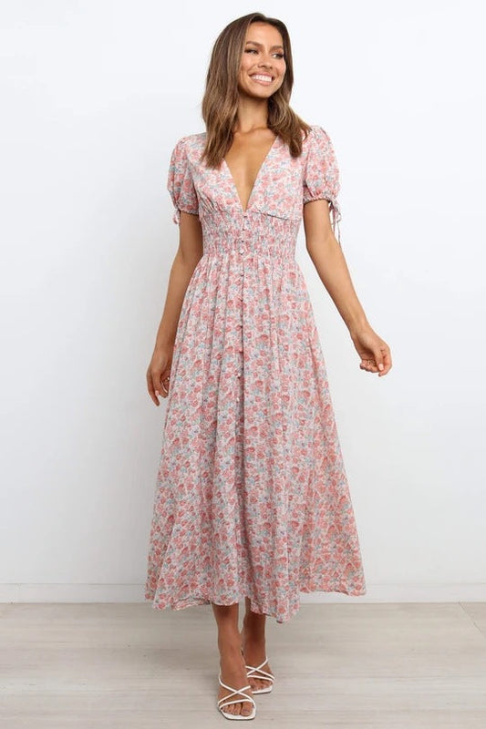 Women's Bohemian Floral Printed  V Neck Short Sleeve Maxi Dress