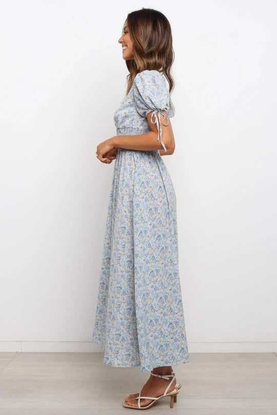 Women's Bohemian Floral Printed  V Neck Short Sleeve Maxi Dress