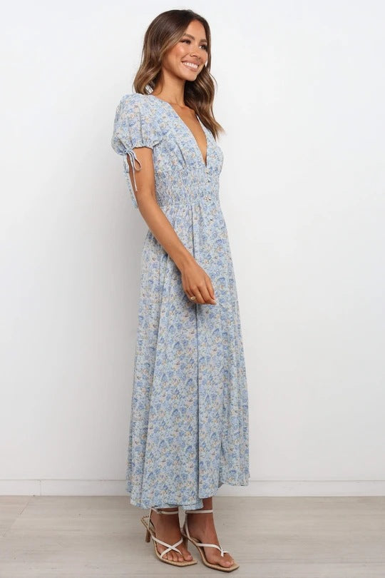 Women's Bohemian Floral Printed  V Neck Short Sleeve Maxi Dress