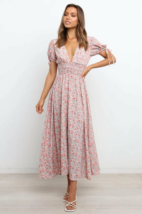 Women's Bohemian Floral Printed  V Neck Short Sleeve Maxi Dress