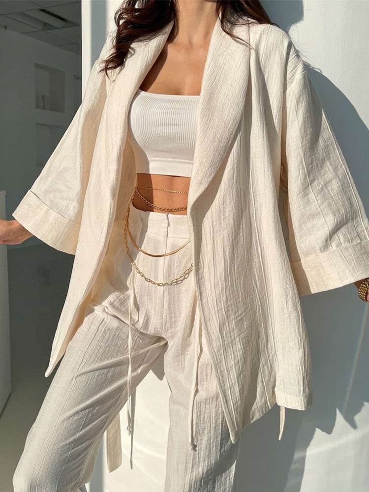 Solid Women Robe Loose Outfits Cotton Lady Two Piece