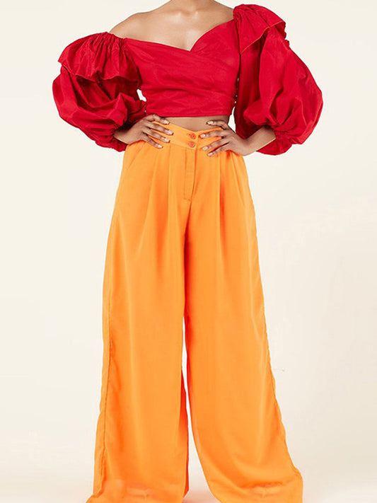 Puff Sleeve Tops And Long Pants Suits Ladies Casual Loose Female