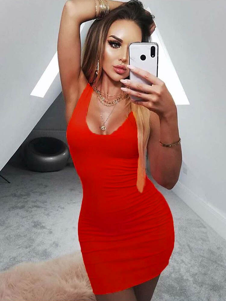 Summer Low Neck Dress Women's Long Sleeve Sleeveless Tank Top Bodycon