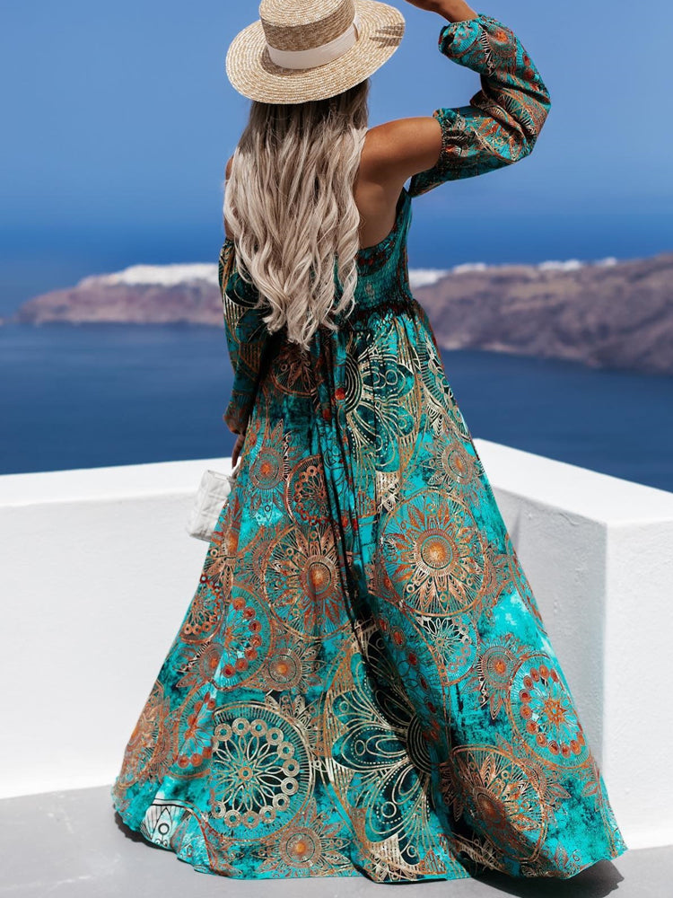 Off Shoulder Print Boho Long Dress