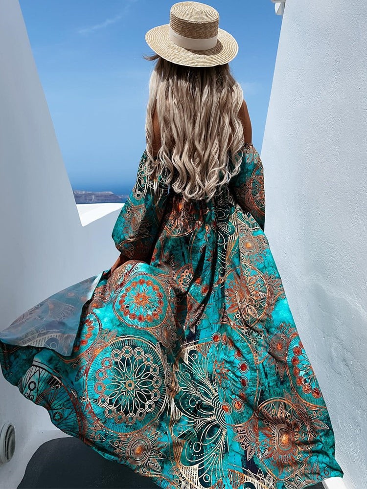 Off Shoulder Print Boho Long Dress