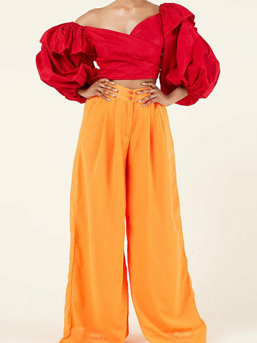 Puff Sleeve Tops And Long Pants Suits Ladies Casual Loose Female