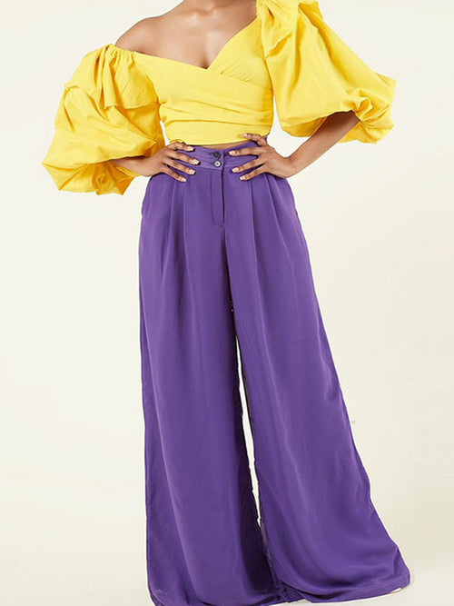 Puff Sleeve Tops And Long Pants Suits Ladies Casual Loose Female