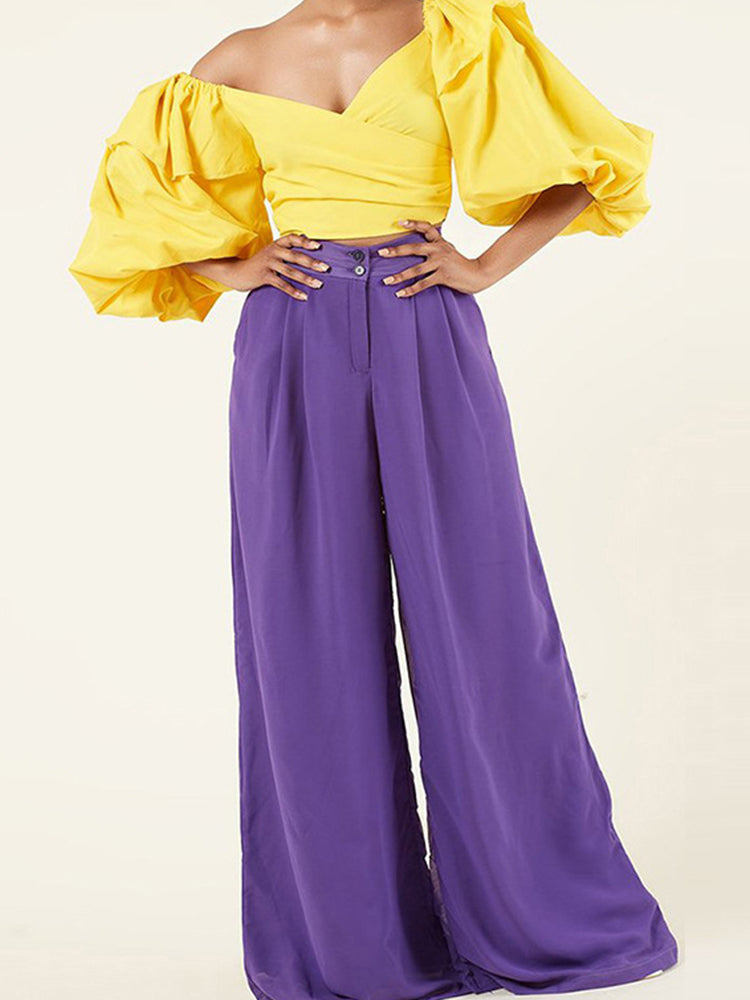 Puff Sleeve Tops And Long Pants Suits Ladies Casual Loose Female