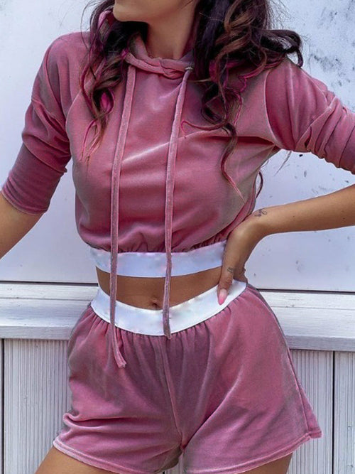 Velvet Tracksuit Casual Hooded Sweatshirt Tops Sports Shorts Outfits