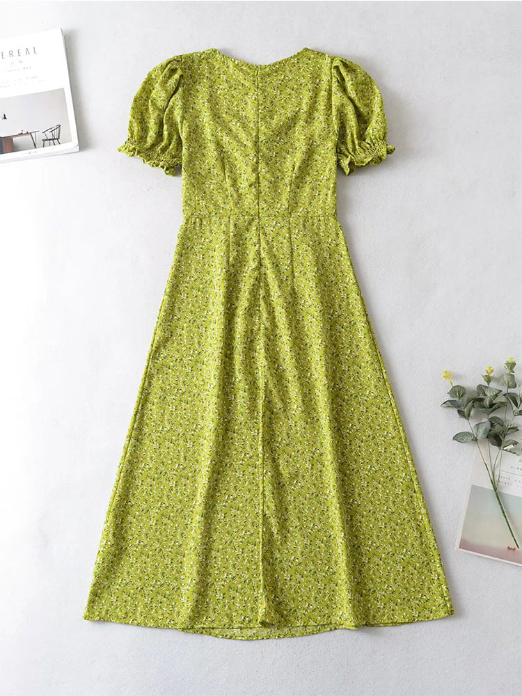 Vintage High Waist Green Floral Print Short Sleeve Dress