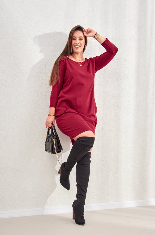 Plus Size Minimalist Basic Burgundy Dress FK563