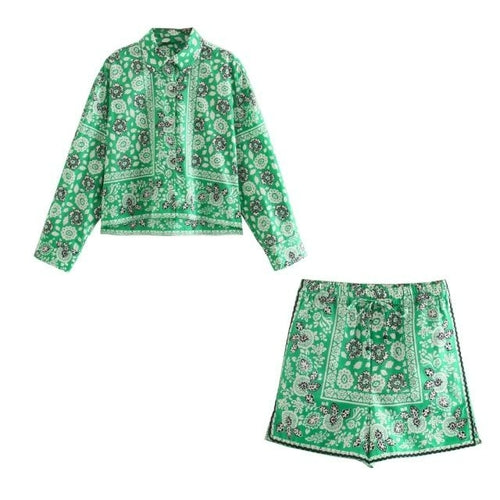 Two Piece Set Woman Printed Cropped Shirt  & High-Waist Shorts