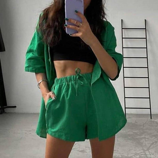 Summer Casual Shorts Suits Green Streetwear Short Sleeve Shirt 2 piece